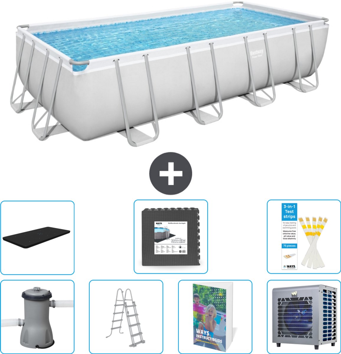 Bestway Rechthoekig Power Steel Zwembad - 488 x 244 x 122 - Grijs Inclusief Pomp - Ladder - Afdekzeil - Vloertegels - Warmtepomp - 8-delig