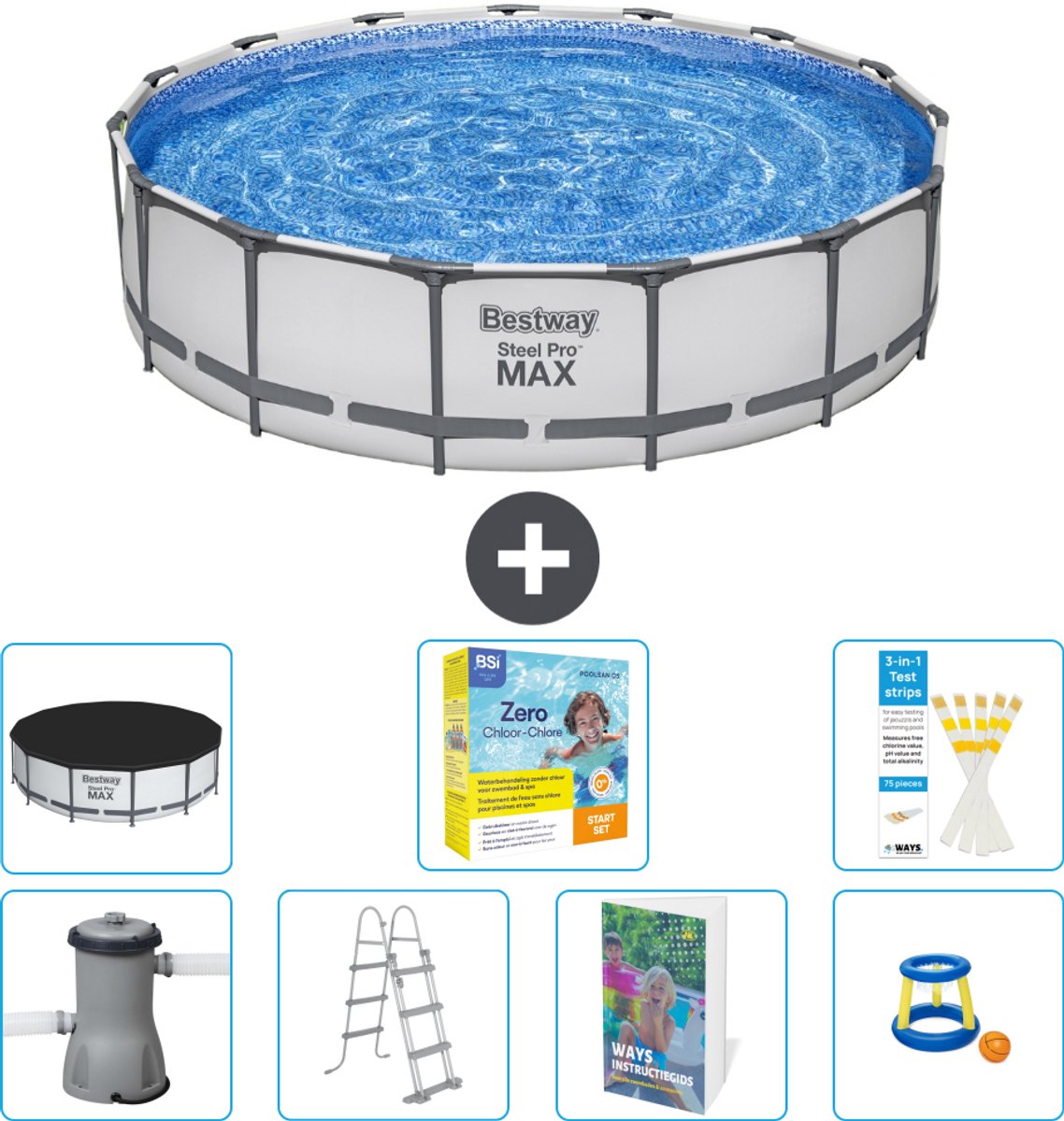 Bestway Rond Steel Pro MAX Zwembad - 457 x 107 cm - Grijs - Inclusief Pomp - Ladder - Afdekzeil - Onderhoudspakket - Speelgoed - 8-delig