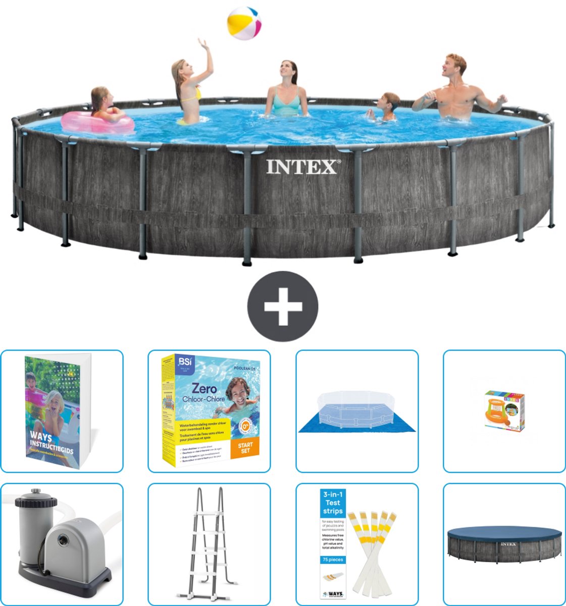 Intex Rond Prism Frame Greywood Zwembad - 549 x 122 cm - Inclusief Pomp - Ladder - Grondzeil - Afdekzeil - Onderhoudspakket - Speelgoed - 9-delig