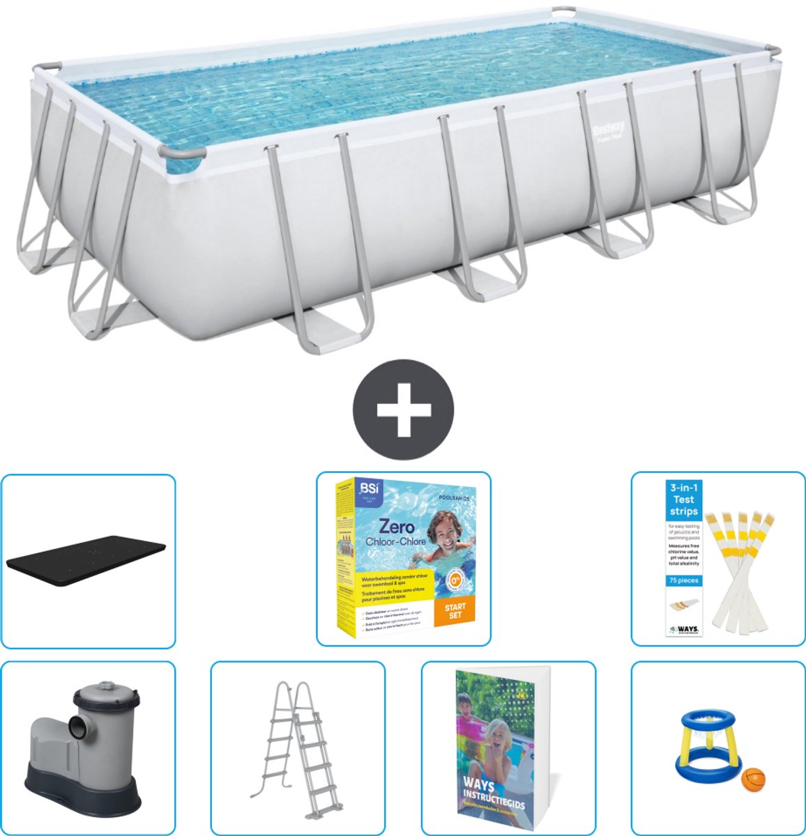 Bestway Rechthoekig Power Steel Zwembad - 549 x 274 x 122 - Grijs - Inclusief Pomp - Ladder - Afdekzeil - Onderhoudspakket - Speelgoed - 8-delig