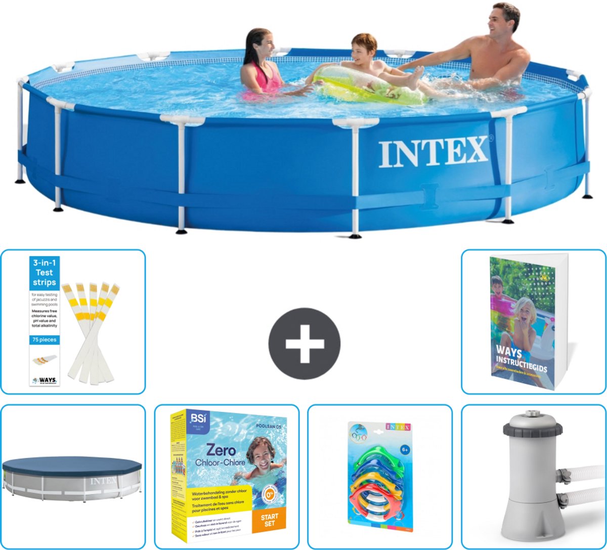 Intex Rond Frame Zwembad - 366 x 76 cm - Blauw - Inclusief Afdekzeil - Onderhoudspakket - Speelgoed - Zwembadfilterpomp - 7-delig