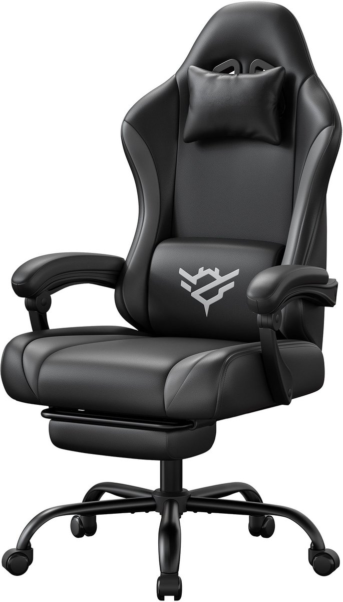 Gamingstoel - Ergonomische pc-stoel van PU-leer met voetensteun en 135° kantelhoek - 70 x 70 x 120-130 cm - Zwart en grijs