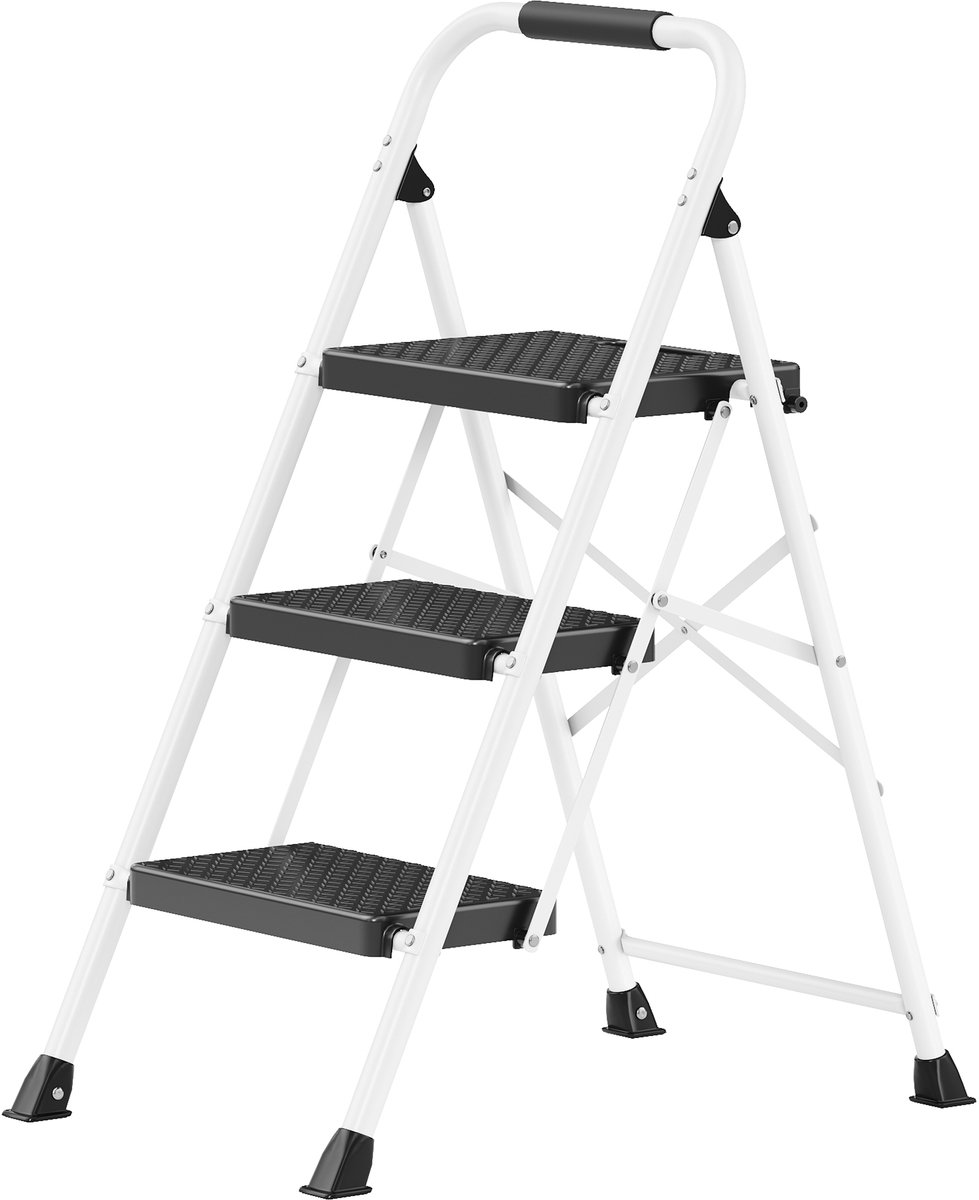 Opvouwbare trap - 3-treden opvouwbare ladder van staal - Draagvermogen tot 150 kg - 73 x 46,5 x 102,5 cm - Wit