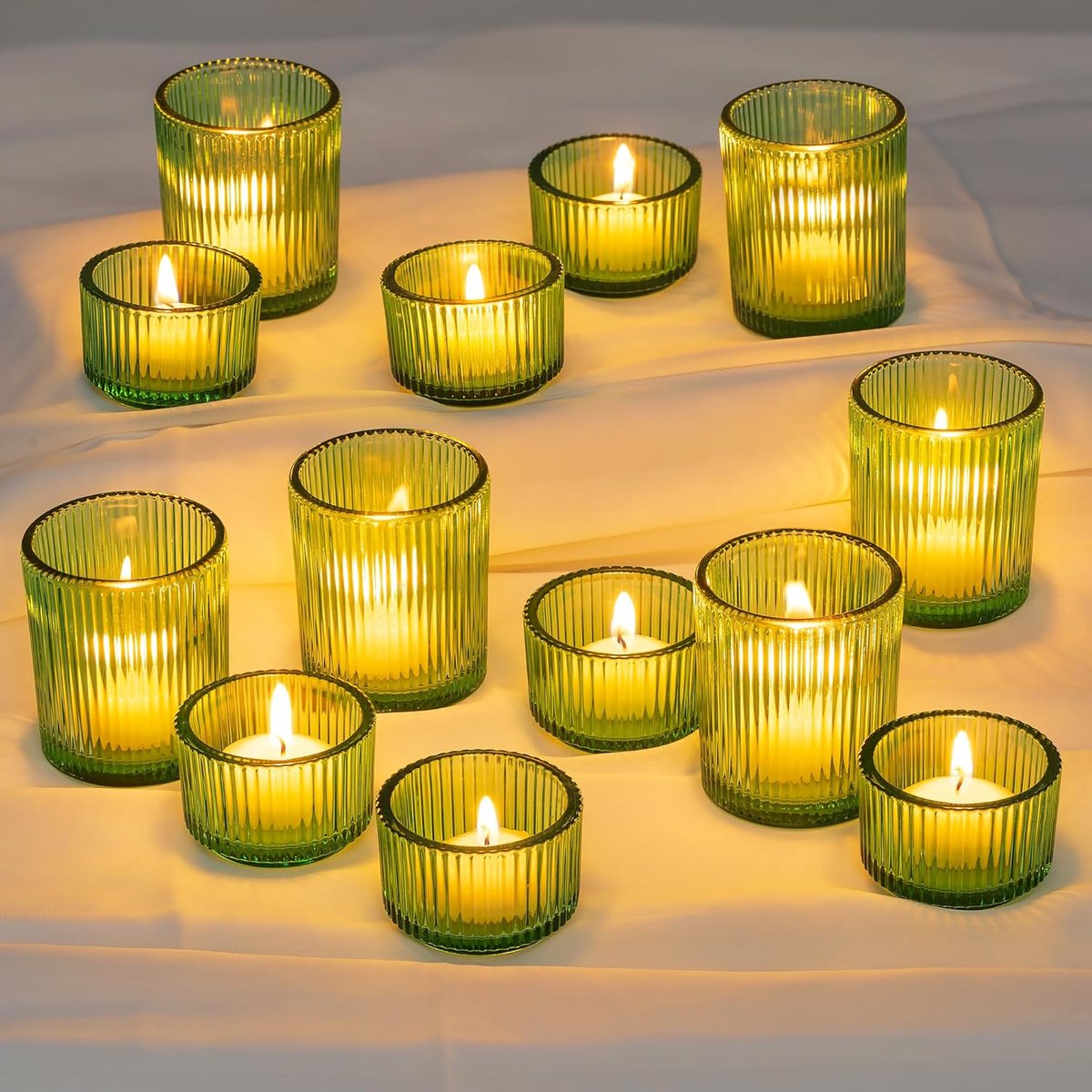 SnelShoppen - Glazen kaarshouder set van 24, geribbelde theelichthouders, vintage votief kaarshouders voor bruiloft, kerst en feestgelegenheden, groen