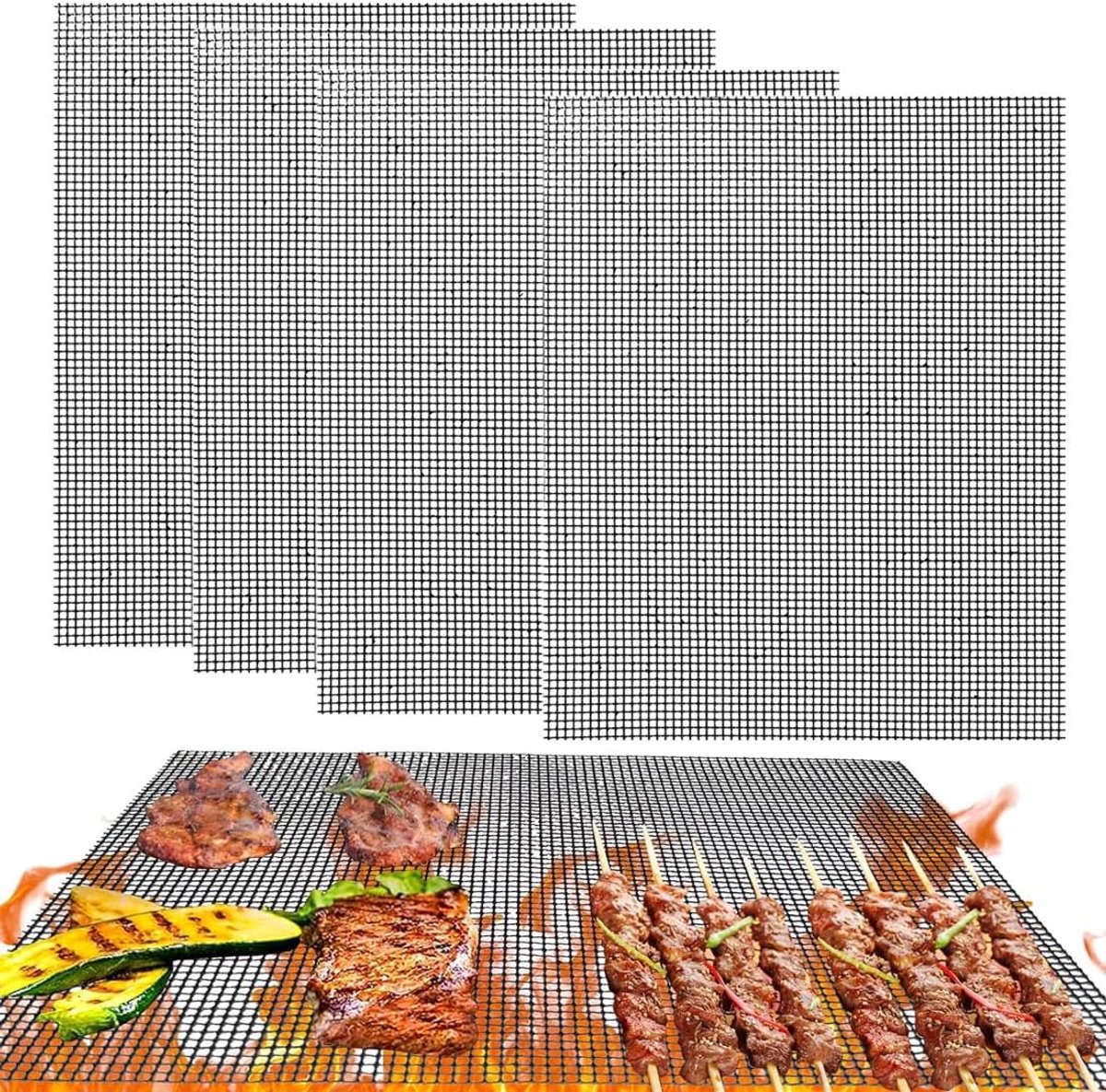 SnelShoppen - BBQ Grill Mesh Set van 4 Grillmatten, Antiaanbaklaag, Herbruikbaar, Hittebestendig, Perfect voor Airfryer, BBQ, Tuin en Keuken (32 x 22