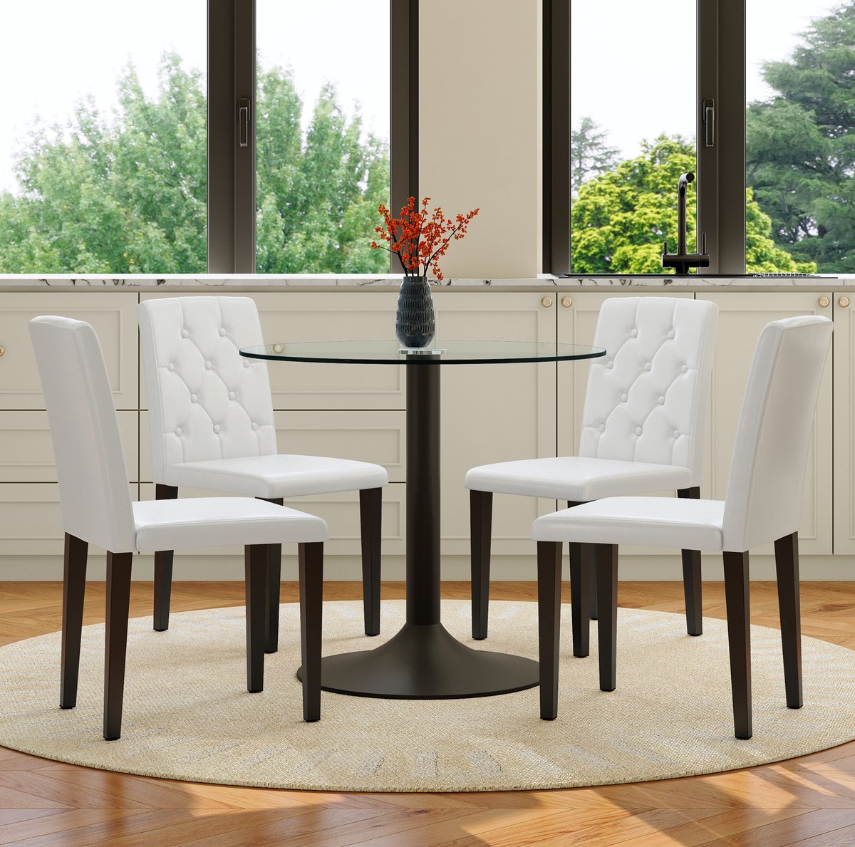 REDOM- Set tafel en stoelen - Ronde glazen eettafel - Geknopt gestoffeerde rugleuning - 4 stoelen - Modern - Eetkamer - Glas en metaal - Transparant, Wit, Zwart - 85 cm