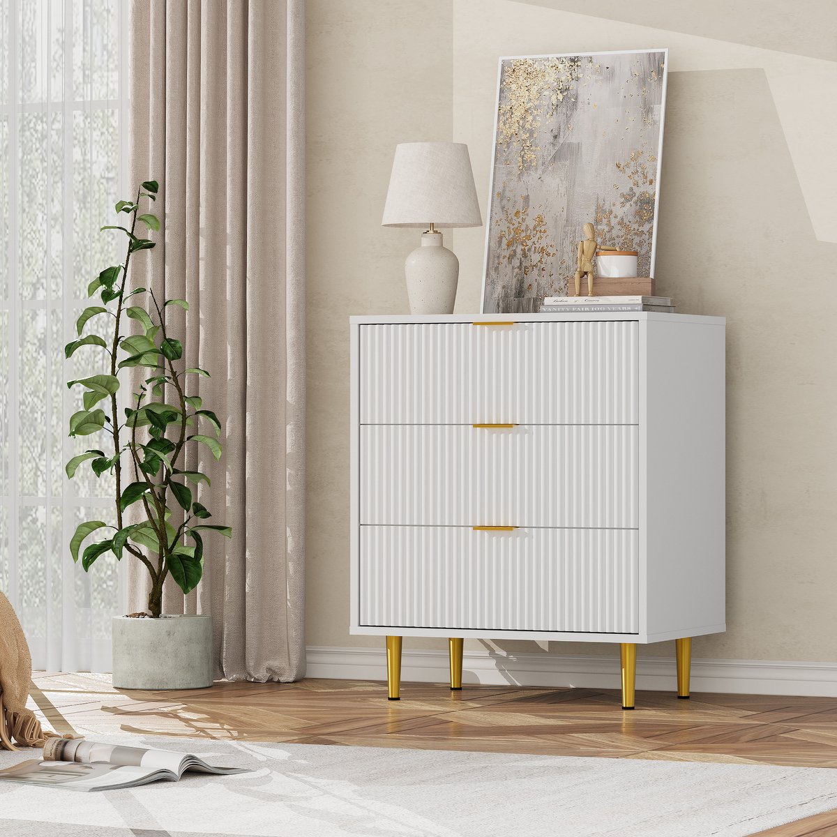 Smalle ladenkast met 3 laden, 60×40×75 cm – geribbeld golvend front, goudkleurige metalen handgrepen en poten, inclusief kantelbeveiliging, geschikt voor slaapkamer, woonkamer en gang