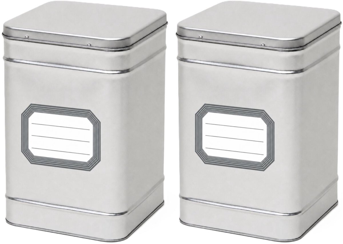 Bellatio Design 2x stuks opbergblikken van metaal - bewaarblik - zilver - 14 x 21 cm - met etiketten grijs van 8.2 x 5.5 cm