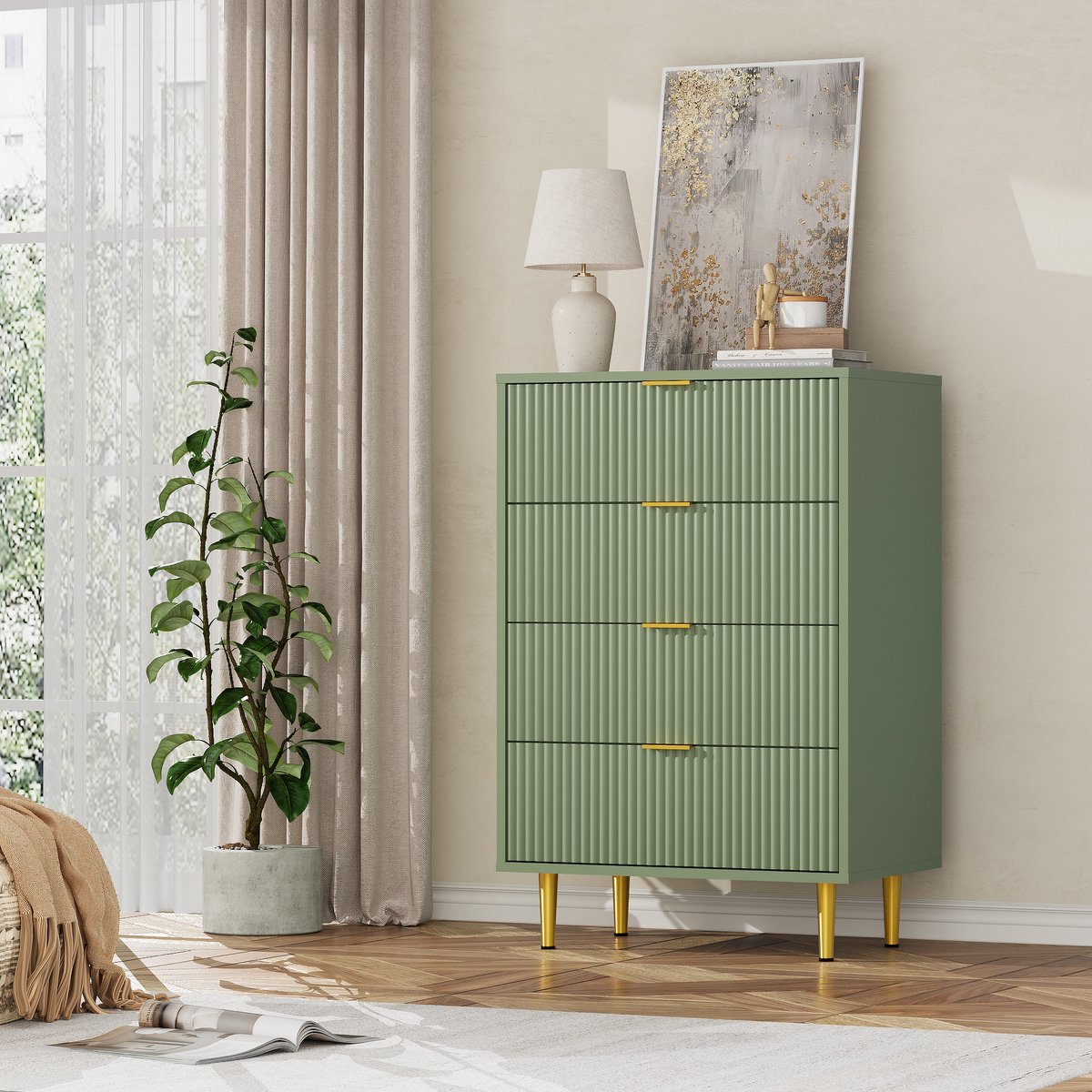 Smalle ladenkast met 4 laden, 60×40×94 cm – geribbeld golvend front, goudkleurige metalen handgrepen en poten, inclusief kantelbeveiliging, geschikt voor slaapkamer, woonkamer en gang