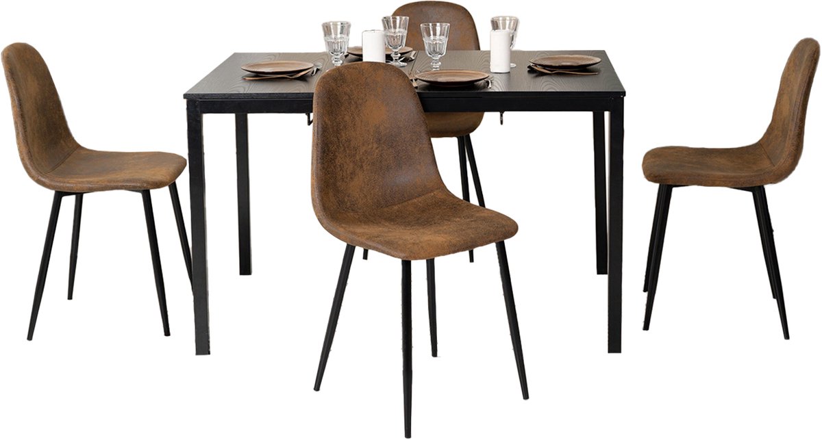 Eethoek - Uitschuifbare Houtlook Tafel Met 4 Suède Stoelen - Bruin