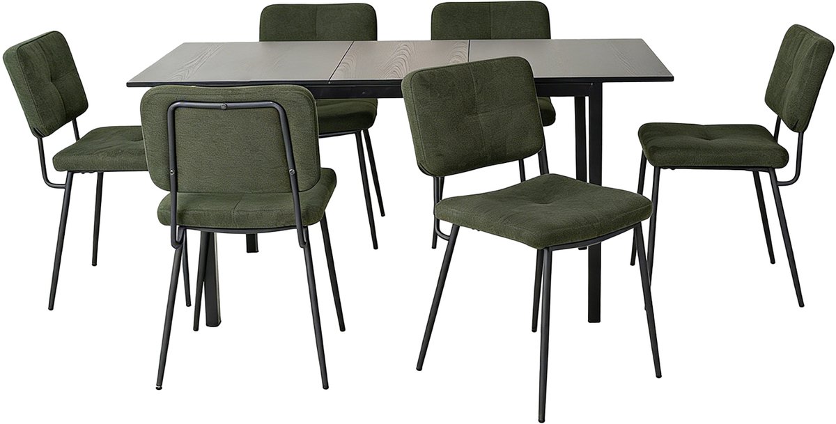 Eethoek - Uitschuifbare Zwart Tafel Met 6 Stof Eetkamerstoelen - Groen
