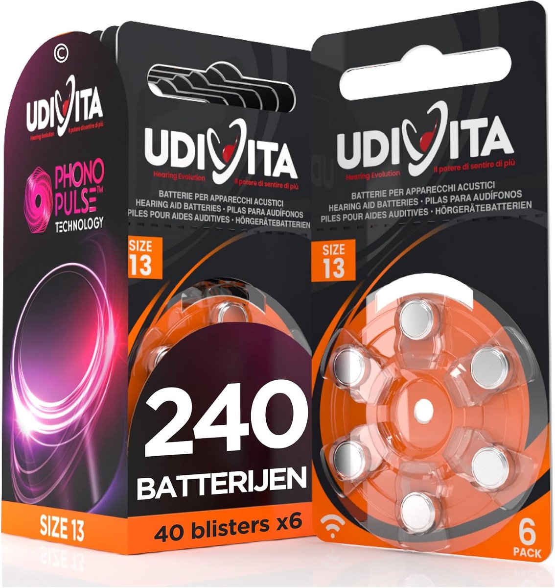 SnelShoppen - 240 Gehoorapparaat Batterijen Udivita Maat 13 - Zink Lucht Batterijen - 40 Blister van 6 Stuks - Lange Levensduur - Mercury-vrij