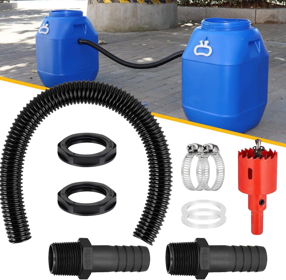 Aansluitset Voor Regenton - Universele Overloopset Voor Regenton - Aansluitstuk - 2 Stuks 25mm Aansluiting & 100cm Flexibele Slang
