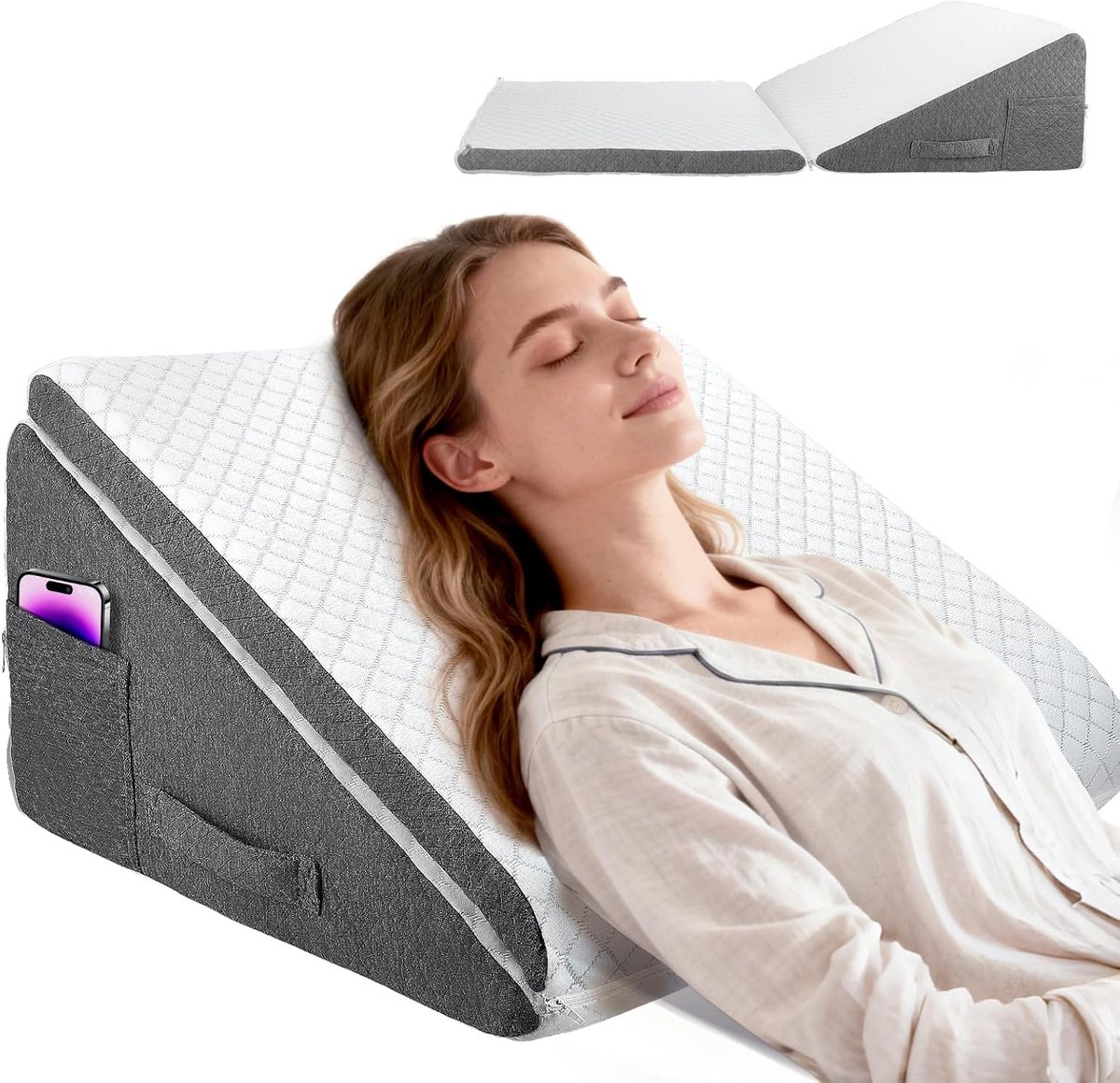SnelShoppen - Wedge Kussen met Geheugenschuim 50x50x26cm - Hoogte Verstelbaar Slaapkussen, Leeskussen voor Bank/Bed, Multifunctioneel Zit- en Beensteu