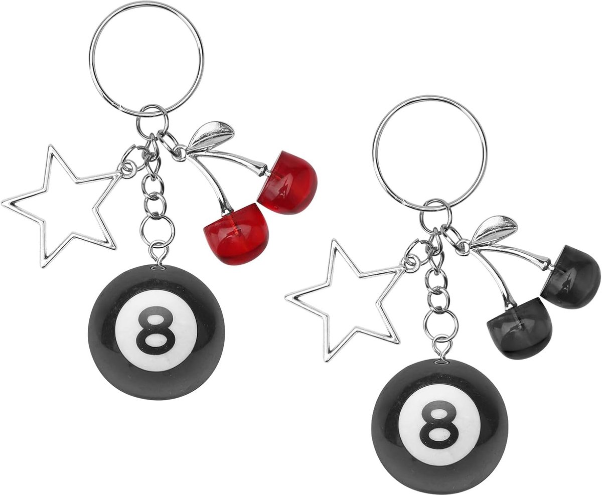 Y2k Sleutelhangers, 2 stuks, kersen, 8 ballen, esthetisch met ster, Y2k, tas, bedels, sleutelhanger, zakhanger, geluksbedels voor dames en heren, tas, hanger, accessoires, rood, zwart., Eén