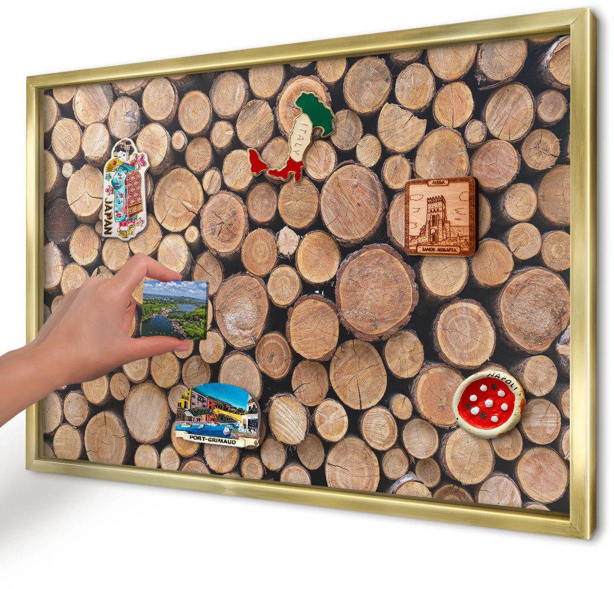 Artprintcave Bruin Magneetbord mit Gouden Frame - 60x40 cm - Houten Cirkels Wandbord Magnetisch - Rustiek Magneet Bord mit Frame - Texturen