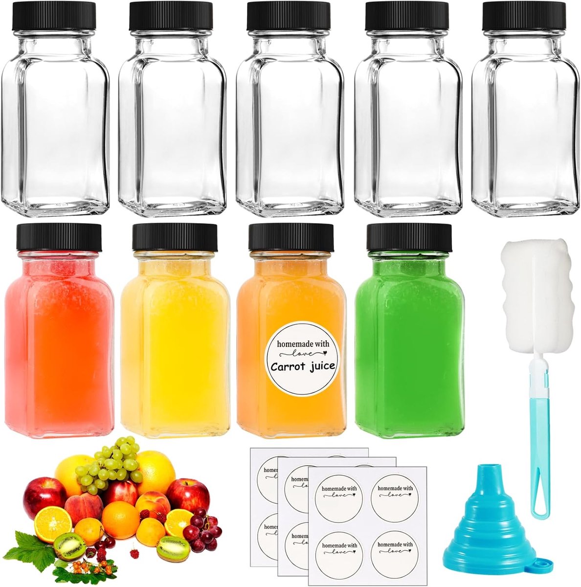 9 Stuks 2.37oz/70ml Glazen Shotflessen met Deksels, Mini Gembershot Herbruikbare, Kleine Glazen Flessen, Mini Glazen Flesjes met Borstels, Labels, Trechters voor Gember, Sappen, Kruiden