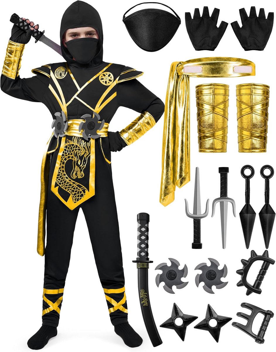 Creations Ninja-kostuum voor kinderen, zwarte gouden Ninja-draak