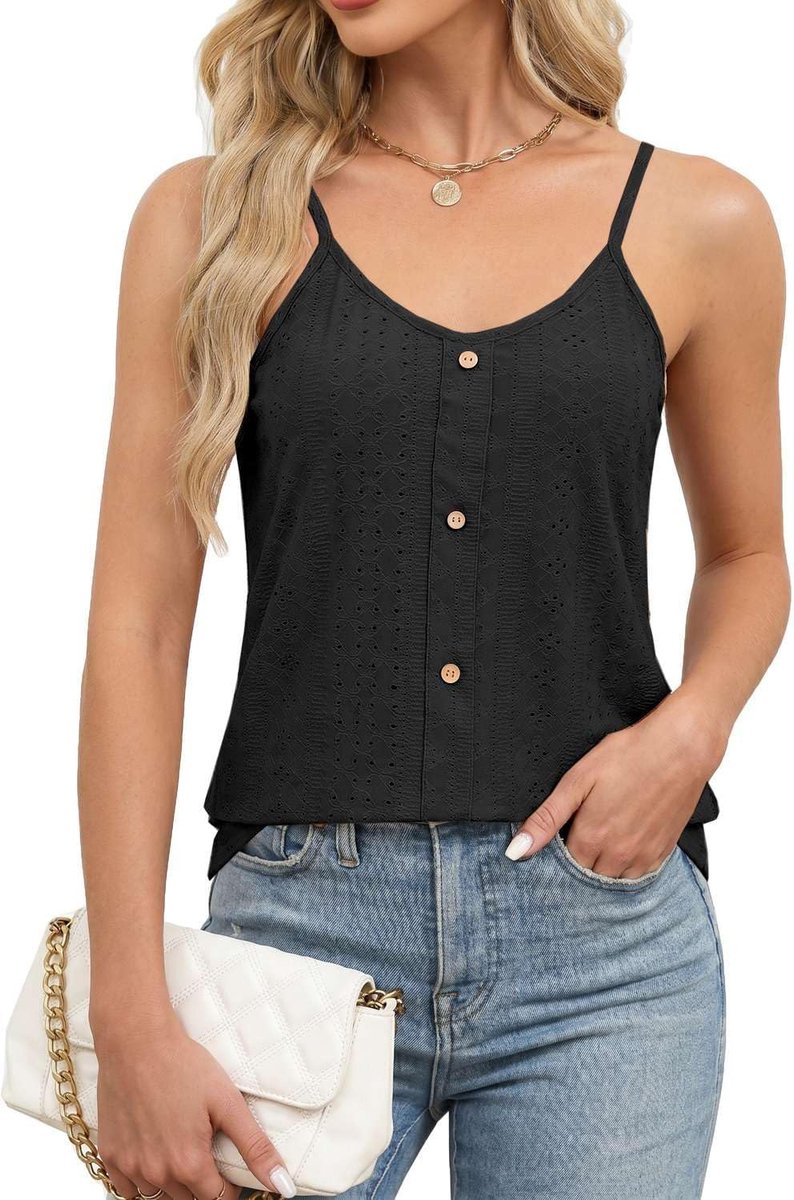 Tanktop voor dames met V-hals, verstelbare bandjes met retro-knoopdetail, ademende zomertop voor business en vrije tijd, nauwsluitende blouse voor dames
