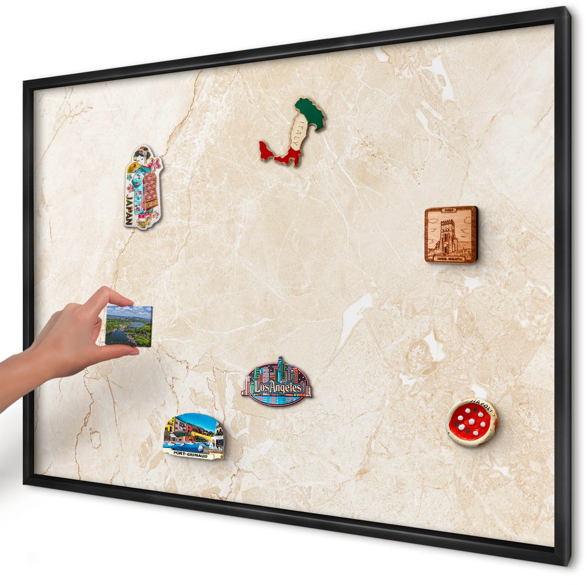 Artprintcave Beige Magneetbord mit Zwart Frame - 100x70 cm - Delicaat Marmer Memobord Keuken - Minimalist Magneetbord Voor Foto's - Texturen