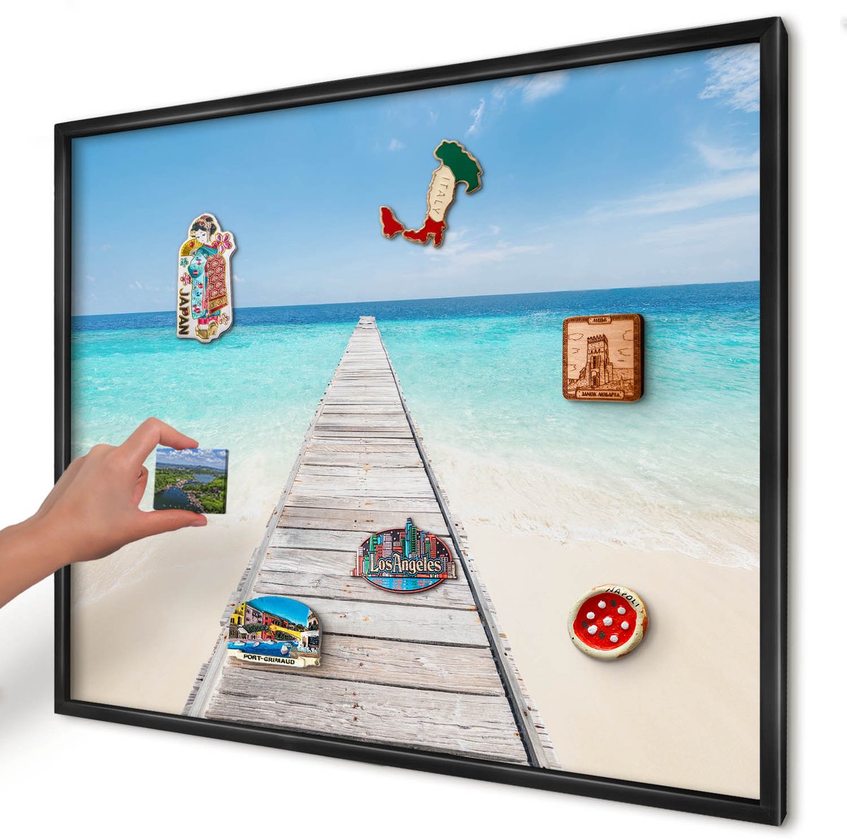 Artprintcave Blauw Magneetbord mit Zwart Frame - 80x60 cm - Ocean Pier Memobord Keuken - Minimalist Bord Voor Magneten - Landschappen