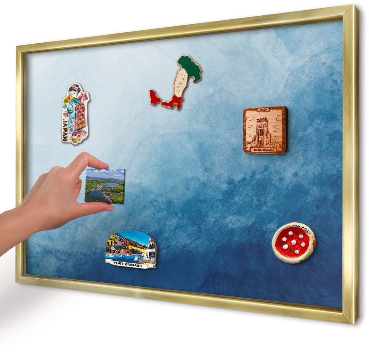 Artprintcave Blauw Magneetbord mit Gouden Frame - 60x40 cm - Blauwe Abstracties Magneetbord Voor Foto's - Abstract Wandbord Magnetisch - Abstractie