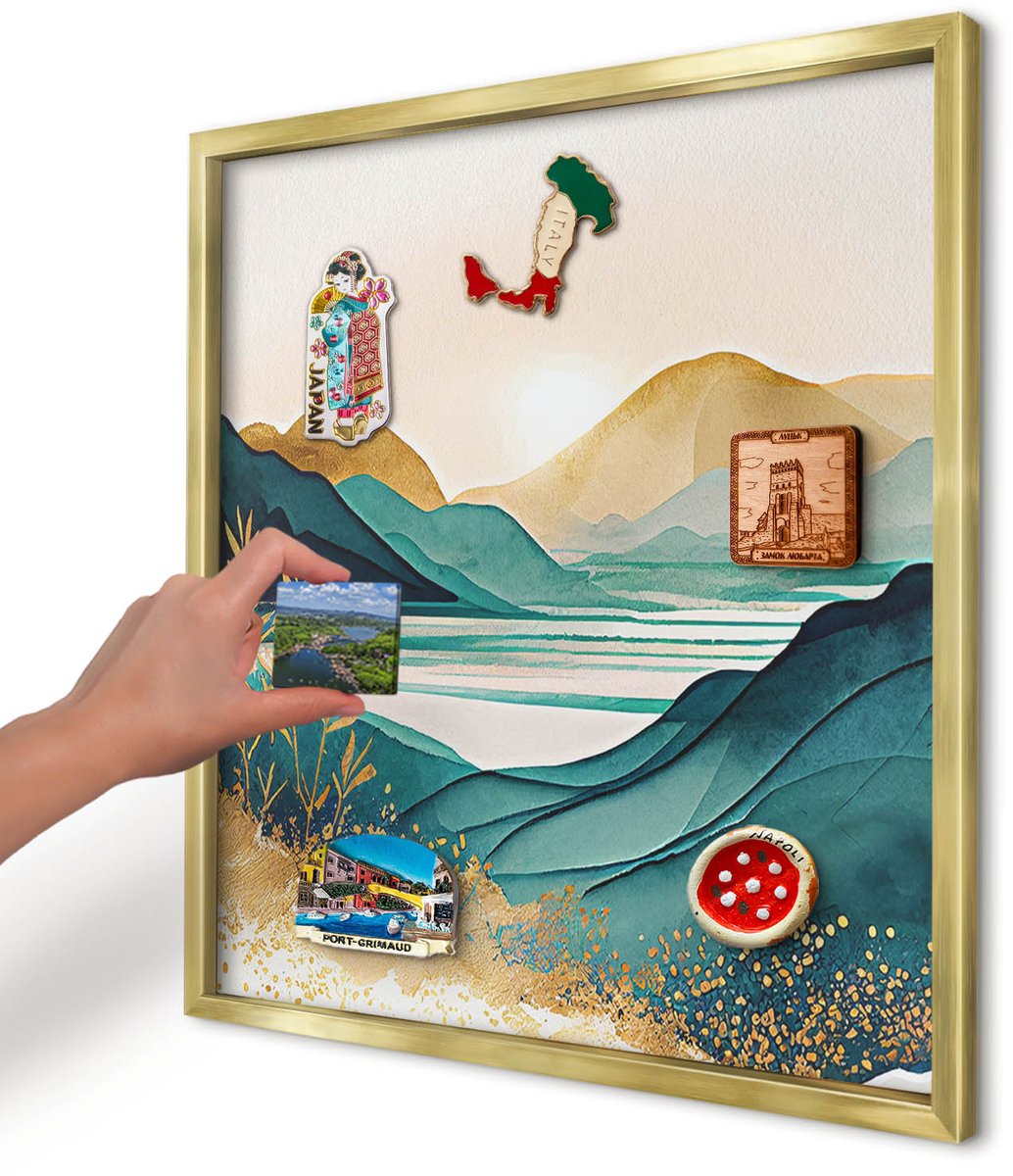 Artprintcave Turkoois Magneetbord mit Gouden Frame - 50x50 cm - Een Vredig Uitzicht Magnetisch Bord Voor Magneten - Waterverf Memobord Keuken - Landschappen