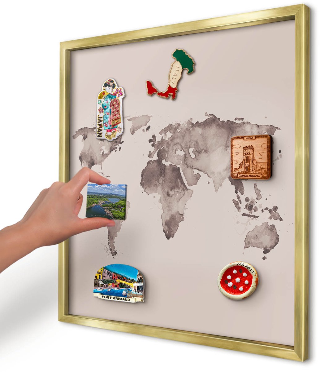 Artprintcave Bruin Magneetbord mit Gouden Frame - 50x50 cm - Wereldkaart Magneetbord Voor Keuken - Waterverf Notitiebord - Kaarten