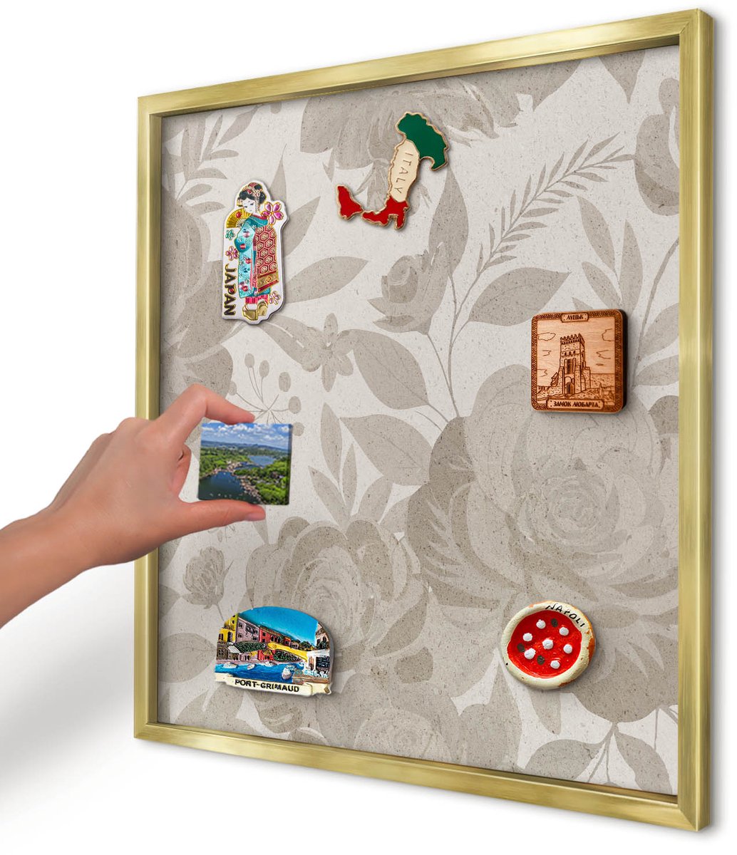Artprintcave Beige Magneetbord mit Gouden Frame - 50x50 cm - Vintage Bloemen Magnetisch Bord - Vintage Magnetisch Bord Voor Magneten - Bloemen En Planten