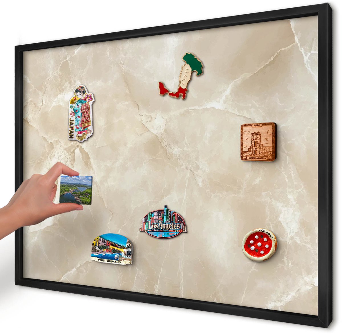 Artprintcave Beige Magneetbord mit Zwart Frame - 70x50 cm - Marmerpatroon Magneetbord Voor Foto's - Minimalist Notitiebord - Achtergronden En Patronen