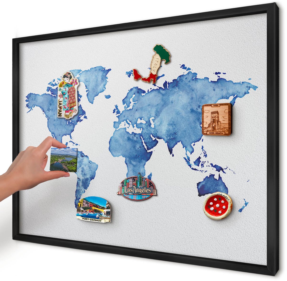 Artprintcave Blauw Magneetbord mit Zwart Frame - 70x50 cm - Aquarelkaart Magneetbord Voor Keuken - Waterverf Notitiebord - Kaarten