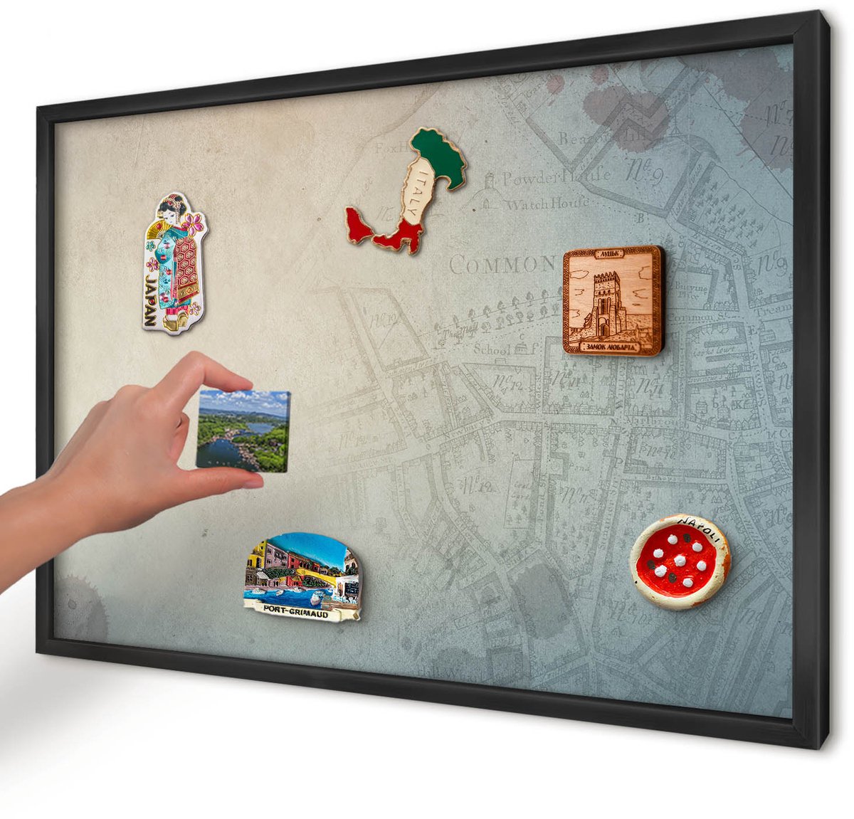 Artprintcave Beige Magneetbord mit Zwart Frame - 60x40 cm - Oude Kaart Magneet Bord mit Frame - Vintage Wandbord Magnetisch - Kaarten