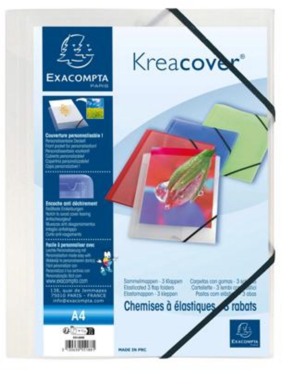 Exacompta Kreacover® elastomap met 3 kleppen - ondoorschijnende PP 5/10de- A4 - Kleurloos - 55188E
