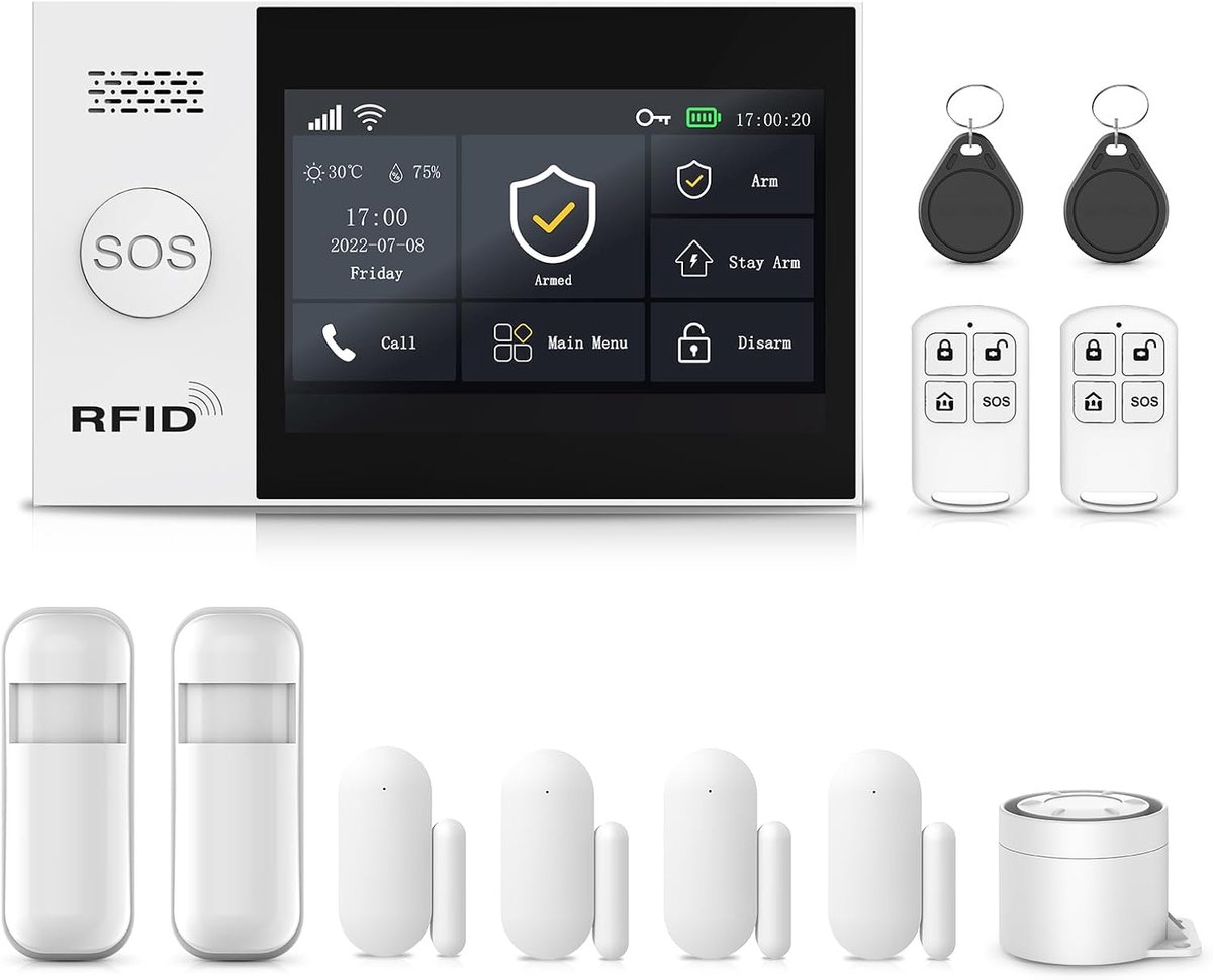 SnelShoppen - Set van 12 GSM + Wi-Fi Home Alarms met 4.3 Inch Touchscreen, Slimme Beveiligingssystemen met App, Anti-Inbraak Systeem, Deursensoren, Th