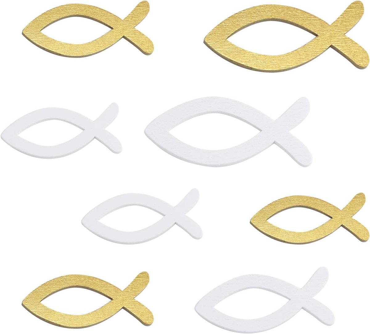 100 houten vis-decoratie, goudwit, tafeldecoratie voor doop, communie en vormsel, decoratie voor doop, jongen, meisjes