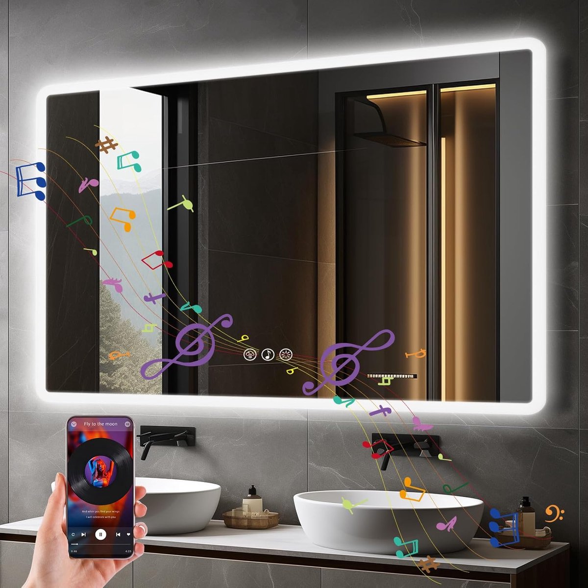 SnelShoppen - Bluetooth LED Badkamer Spiegel 100 x 70 cm, Dimbaar, Anti-fog, Touch, 3 Lichtkleuren, Geheugenfunctie, Wandspiegel met Bluetooth Speaker