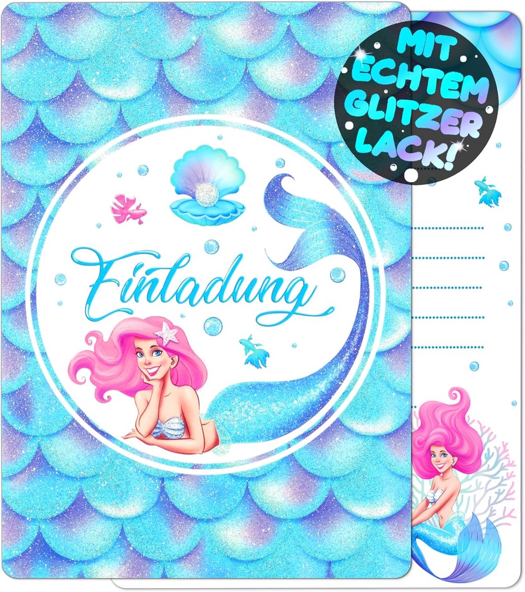 uitnodigingskaarten zeemeermin 12 stuks - glitterdesign - voor kinderverjaardag - vrolijke uitnodigingen - SnelShoppen