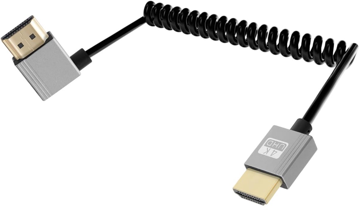 4K HDTV Coiled Cable, 90 Degree Left Angle Short Spring Spiral HDTV 2.0 Cable Supports 4K@60Hz 18Gbps,for Camera,TV,Tablet (2.2Ft)