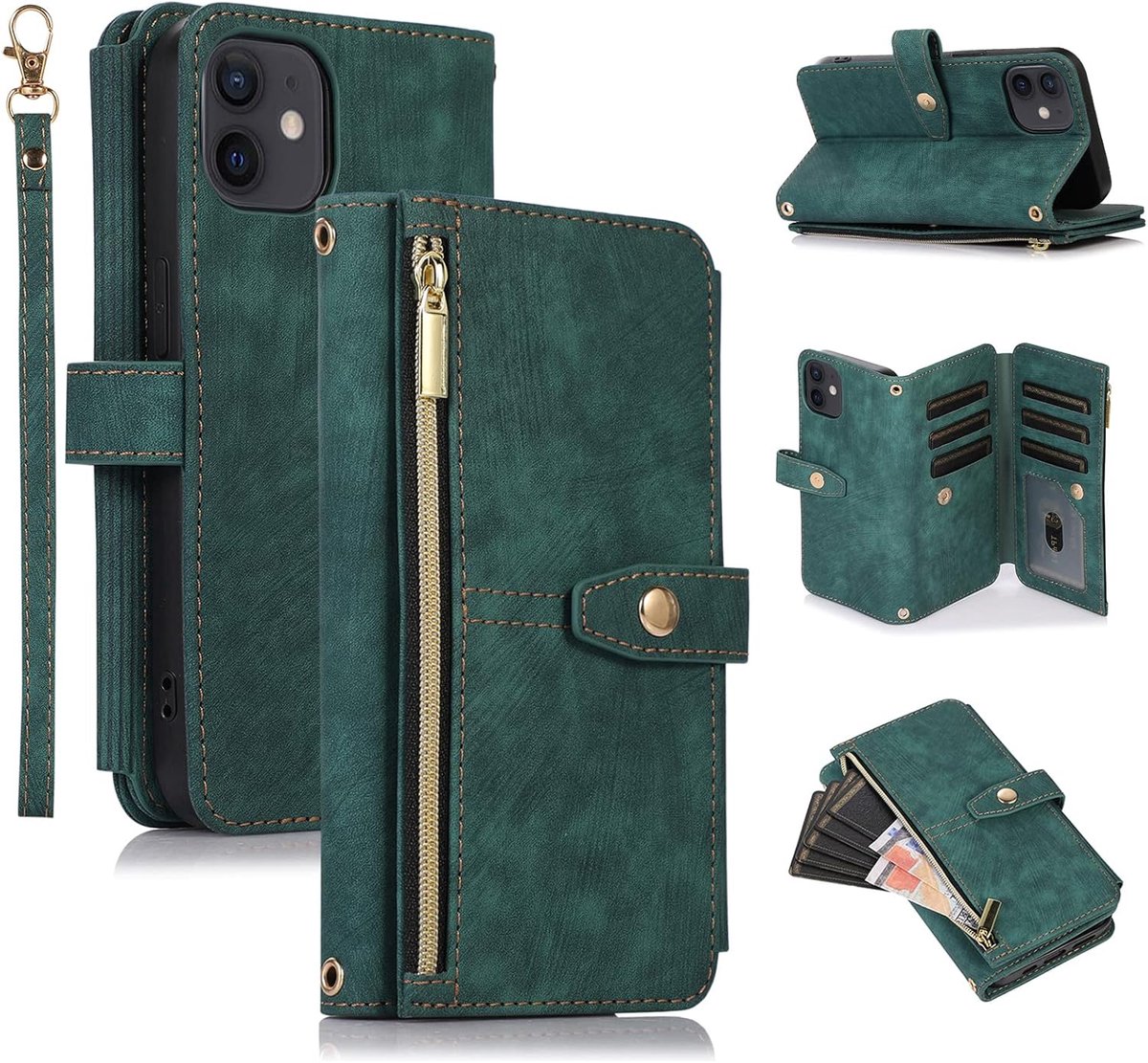 Hoes voor iPhone 12/iPhone 12 Pro van 6,1 inch (15,5 cm), 9 kaartvakken, retro lederen portemonnee, schokbestendig, flipcase met handlus, standfunctie, ritssluiting, telefoonhoes met magneetsluiting, portefeuille, retro, groen