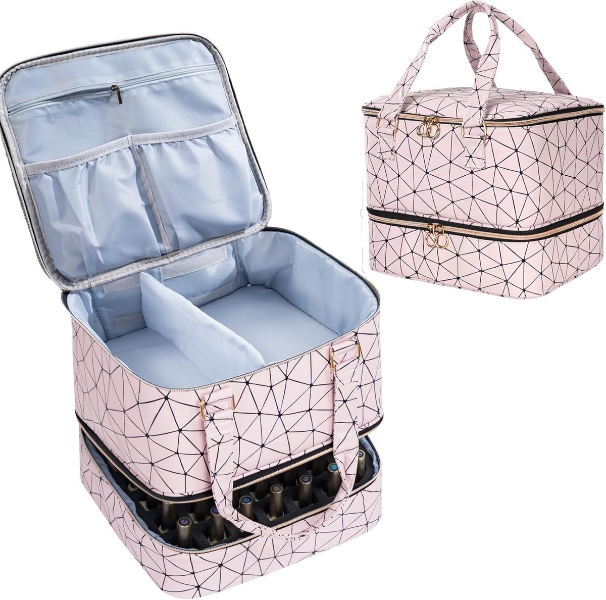 Nail Polish Organizer voor 42 Flessen en 1 LED Lamp, Ideale Opbergtas voor Nagelontwerp en Accessoires (Roze)