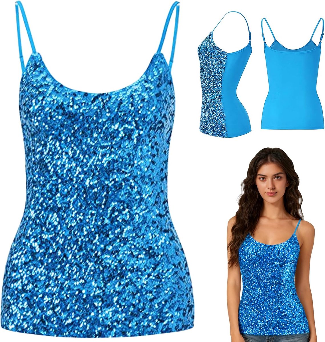 Feesttops met pailletten, verstelbare bandjes, dagelijkse haltertop, mouwloos, glitterhemdje, vest, blouse, T-shirts voor nachtclub, feest, optredens, kostuumtops