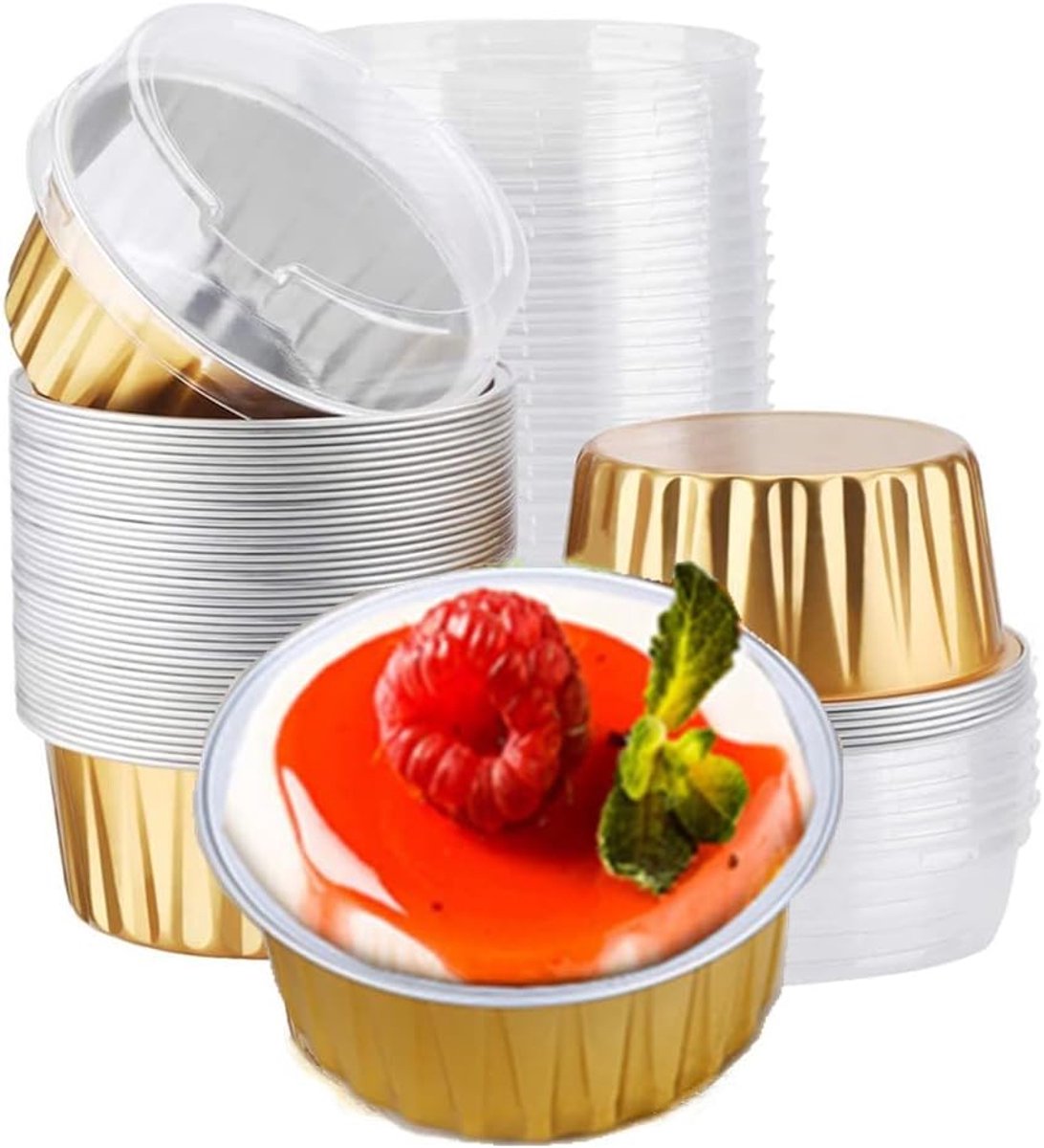 bakbekers met deksels, 50 stuks 5 oz 125 ml muffinvoeringen kopjes met deksels, wegwerpfolie bakbekers, aluminiumfolie crème brulee cupcakehouders pancontainers (goud)