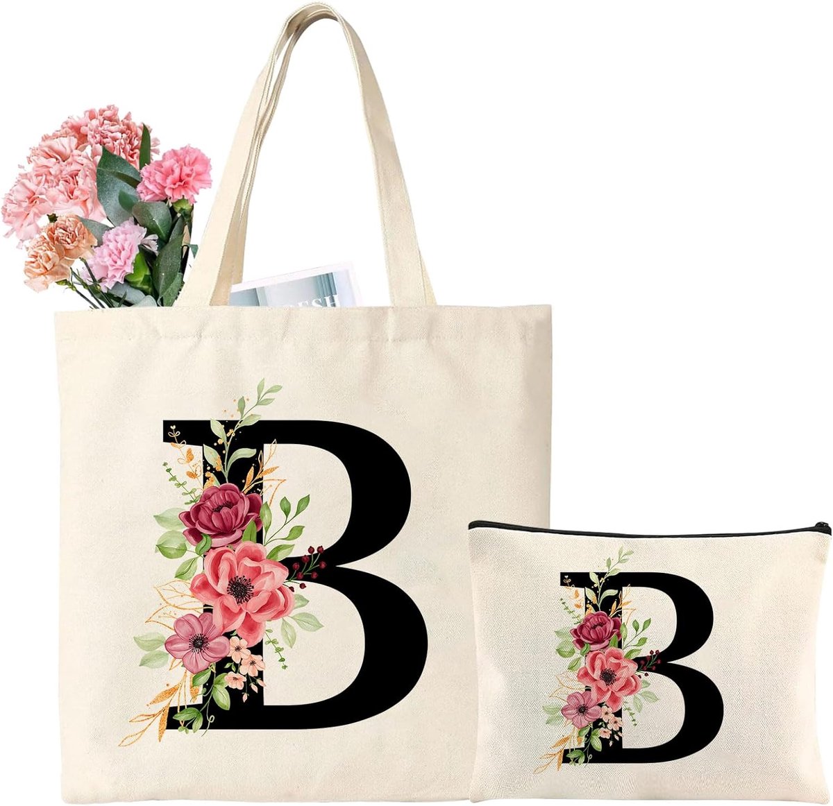 canvas boodschappentas met initialen en bloemen, boodschappentas met