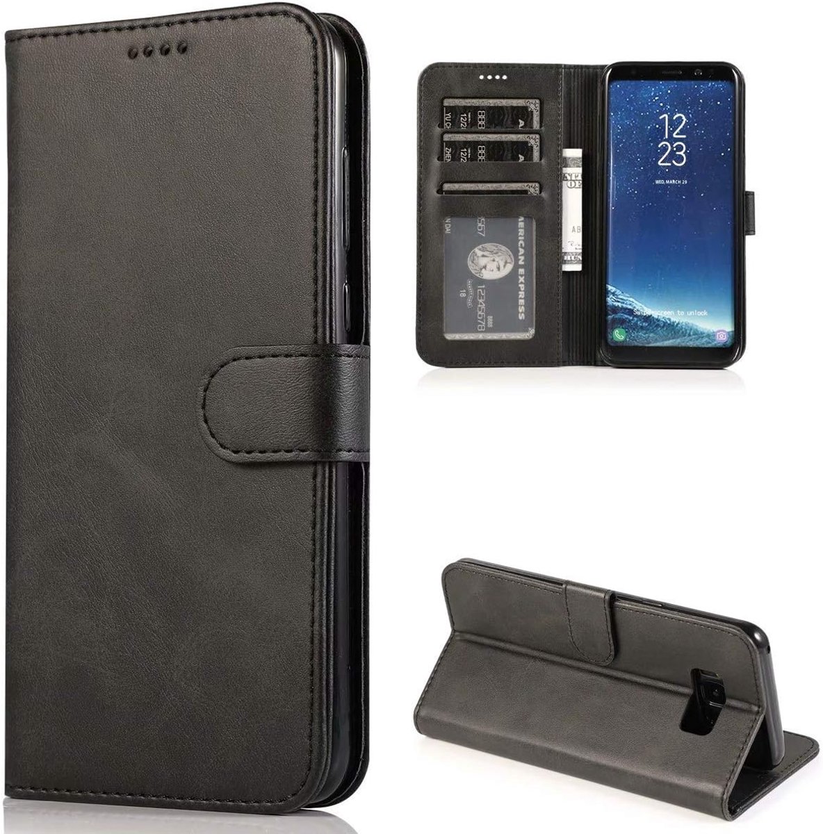 Beschermhoesje voor Samsung Galaxy S8, leren klaphoes, telefoonhoes, flip, portefeuille, beschermhoes, magneet, portefeuille, case, tas, leren hoes voor Samsung Galaxy S8, zwart