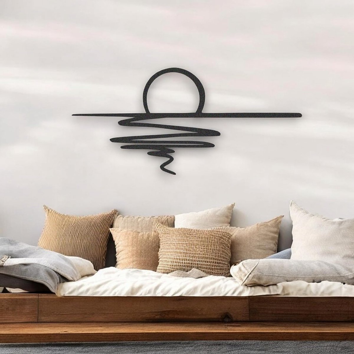 metalen wandkunst – zonnige glitter-wanddecoratie – zwarte minimalistische lijnenkunst – zonsopgang-wandtapijt voor woonkamer, slaapkamer, inhuldigingscadeau buiten (Klein)