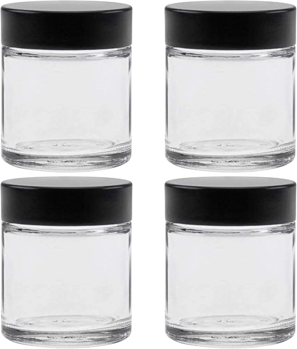 SnelShoppen - 4 Glazen Potjes 30 ml - Duidelijke Glazen Cream Jars met Schroefdeksel en 4 Zilveren Labels voor Crèmes, Ointments, Specerijen, Thee, Kn
