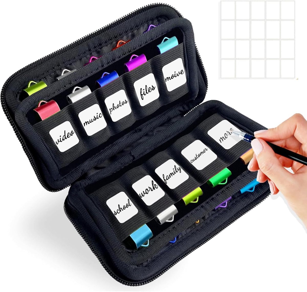 Opbergtas voor USB-sticks, tas, zwart, opbergdoos, case voor 20 stuks USB-geheugen/USB-flashdrive/geheugenstick (zwart/20 sleuven)