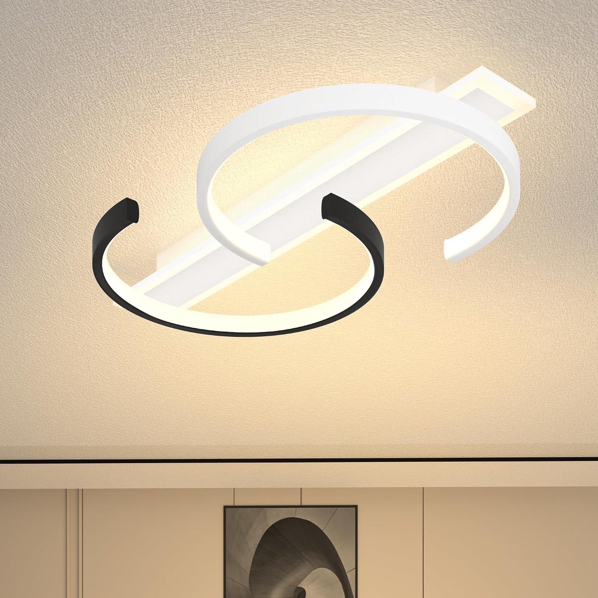 plafondlamp dimbare plafondlamp Zwart en wit woonkamerlamp 55W met afstandsbediening 2-rings cirkelplafondlamp slaapkamerlamp studeerkamer kantoor led plafondverlichting-60cm Zwart en wit