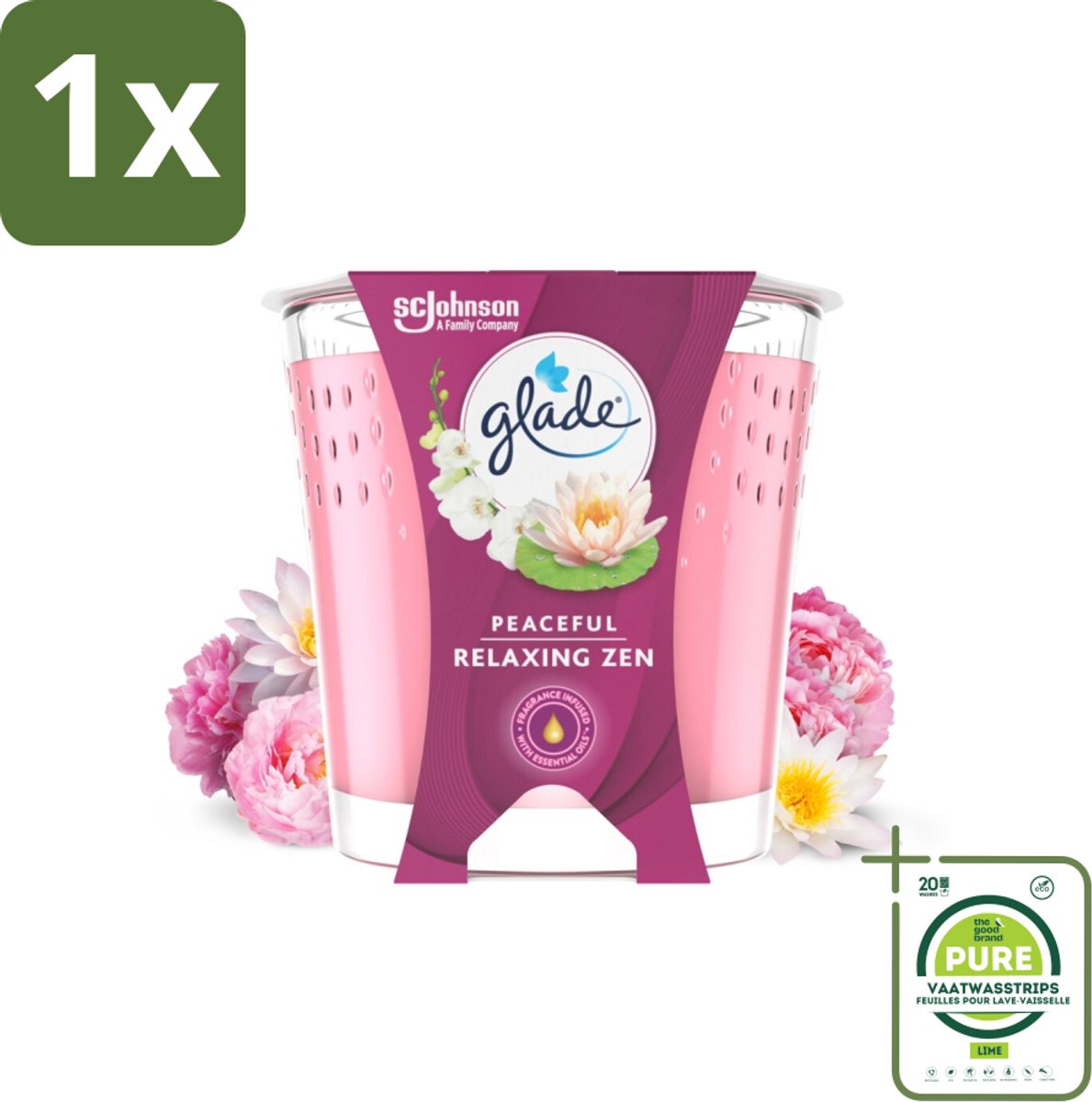 1 x Glade - Geurkaars Relaxing Zen - 100% Raapzaadwas - 112 g - Geurkaars - Relax - Zen - Rust - Balans