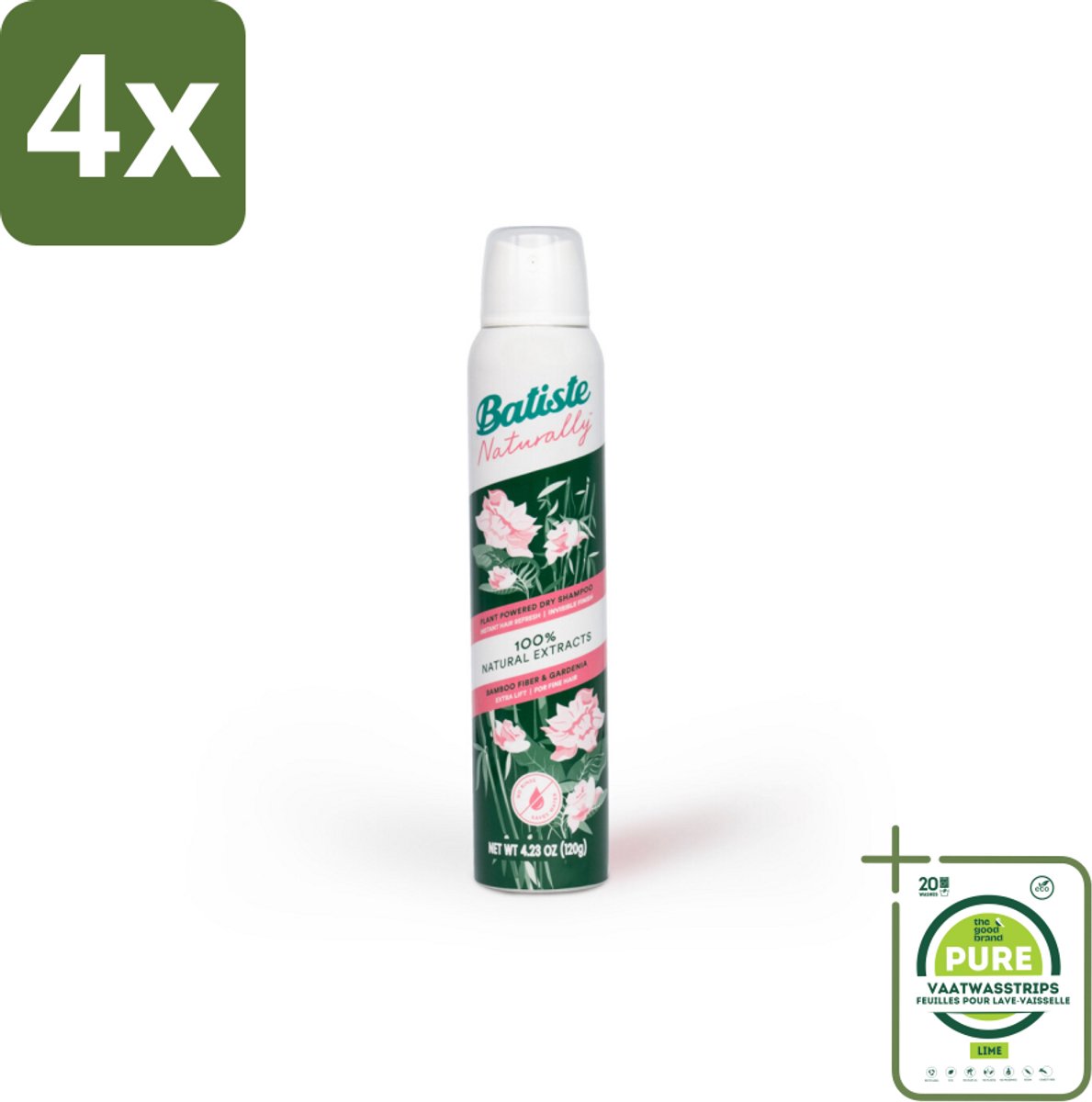 Batiste - Naturally Bamboo Fibre & Gardenia - Droogshampoo - Versterkt en Verfrist - 100% Natuurlijk - 200ml - Voordeelverpakking - 4 stuks - Droogshampoo - Bamboe